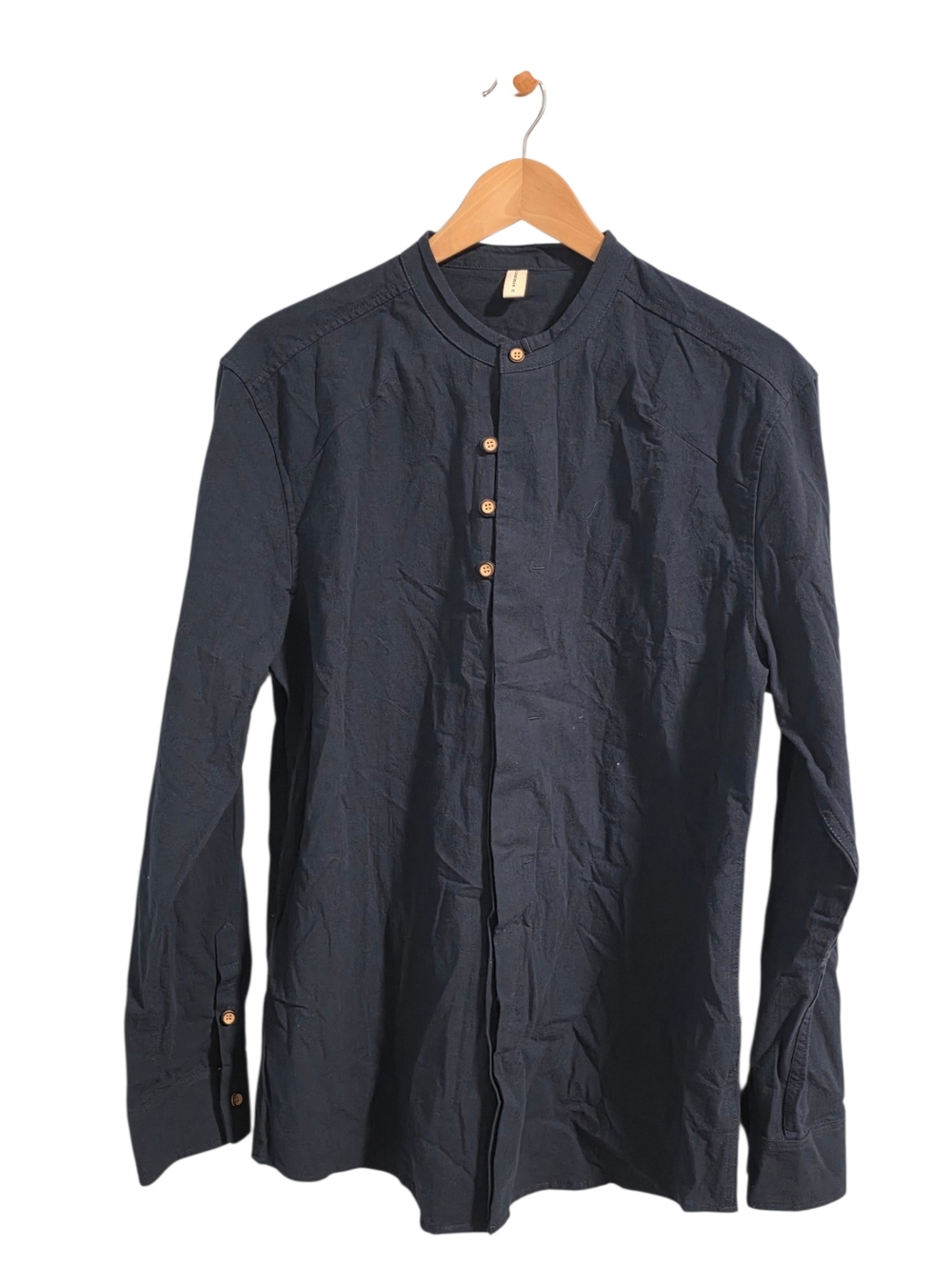 Caominmayi Navy Long Sleeve Mandarin Collar Asymetrical Button Top Hemp Cotton S